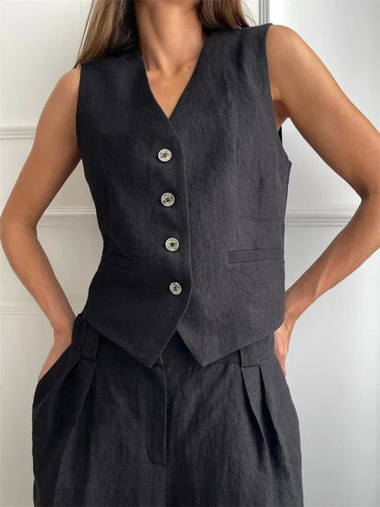 Alayna | Linen Vest & Pleated Wide-Leg Pants Two-Piece Set