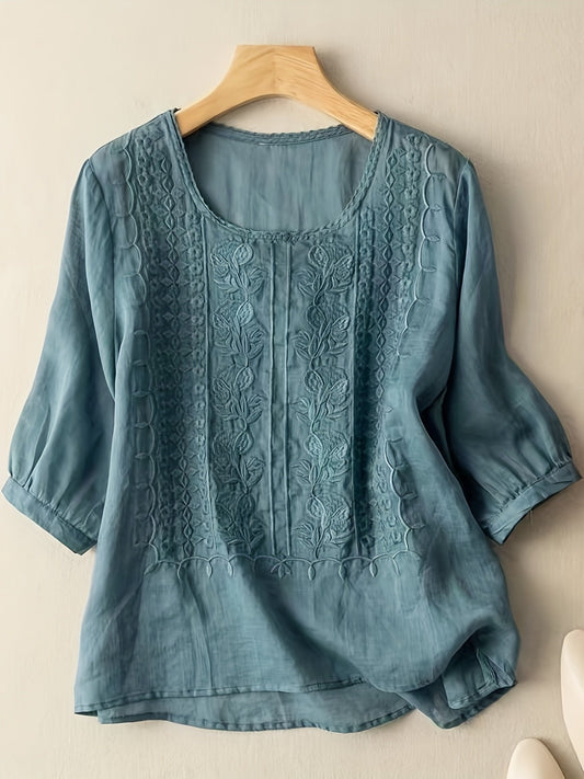 Savina | Embroidered Scoop-Neck Blouse