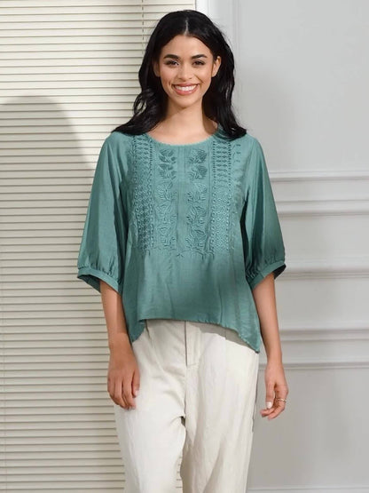 Savina | Embroidered Scoop-Neck Blouse