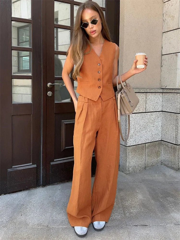 Alayna | Linen Vest & Pleated Wide-Leg Pants Two-Piece Set