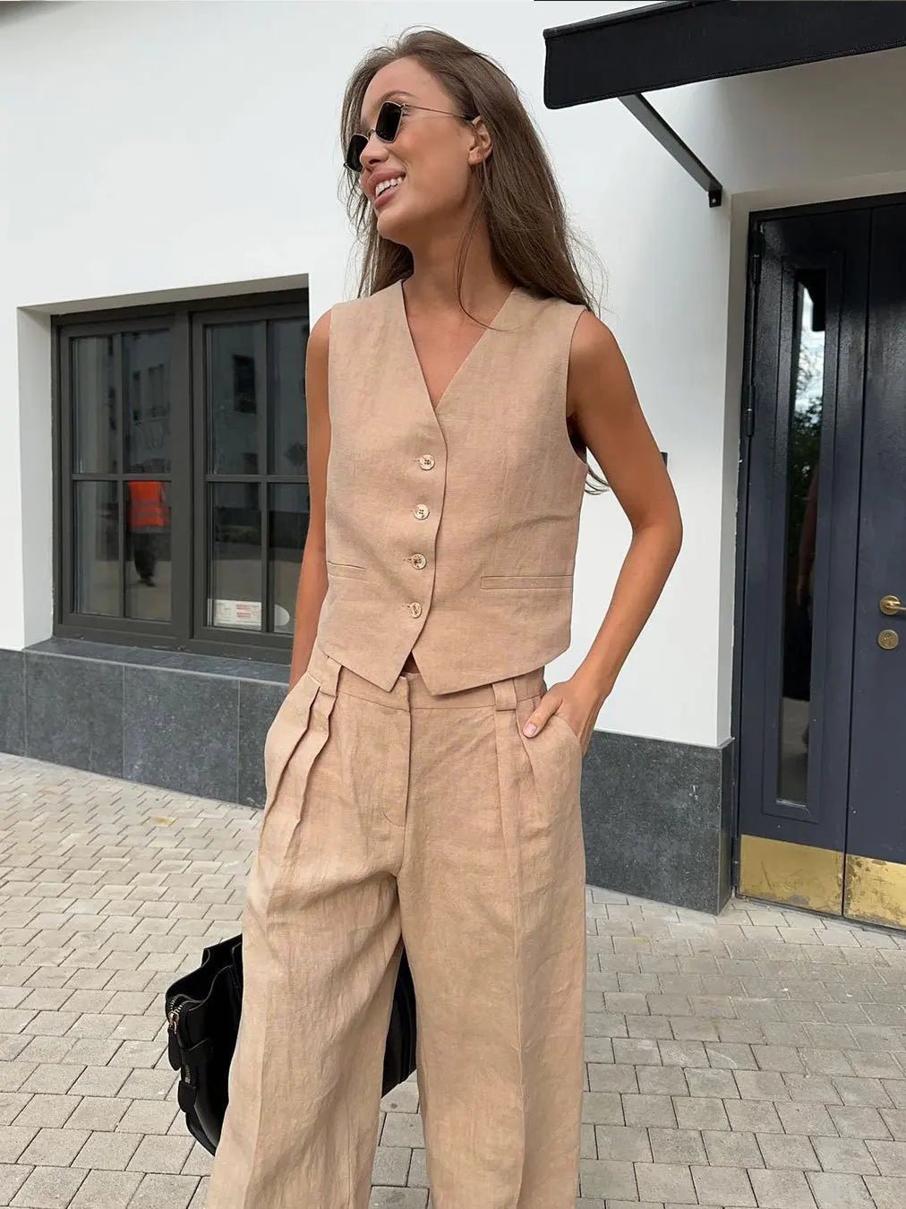 Alayna | Linen Vest & Pleated Wide-Leg Pants Two-Piece Set