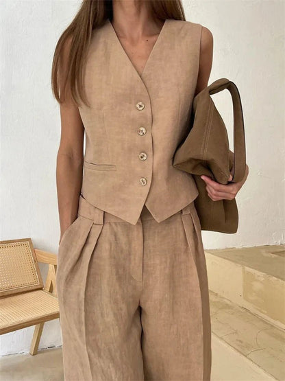Alayna | Linen Vest & Pleated Wide-Leg Pants Two-Piece Set