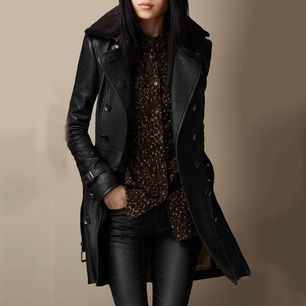 Miriam | Luxurious And Elegant Shearling Collar Leather Jacket