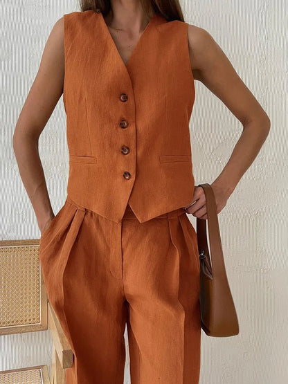 Alayna | Linen Vest & Pleated Wide-Leg Pants Two-Piece Set