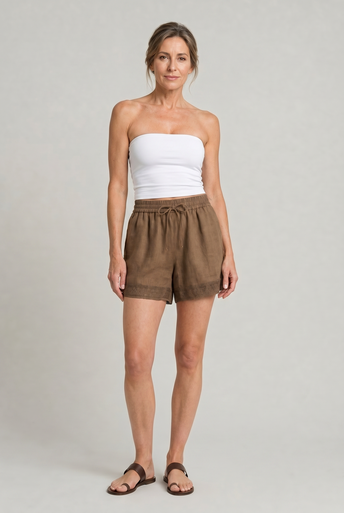 Women's Linen Lace Trim Drawstring Elastic Waist Shorts