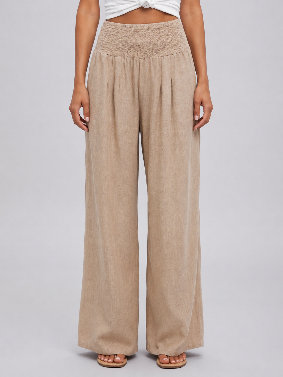 Women’s Linen Look Wide Leg Trousers – Smocked High Waist Summer Style