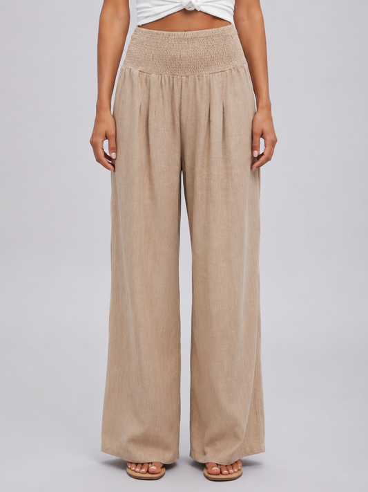 Women’s Linen Look Wide Leg Trousers – Smocked High Waist Summer Style
