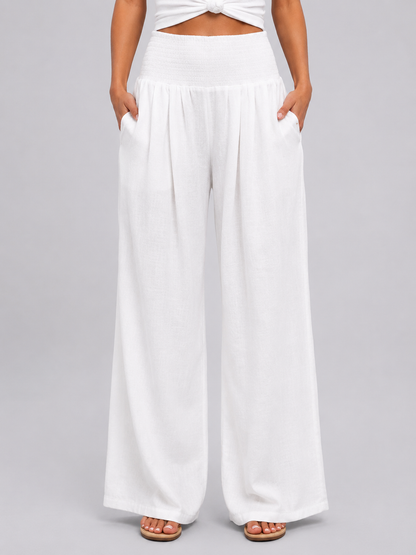 Women’s Linen Look Wide Leg Trousers – Smocked High Waist Summer Style