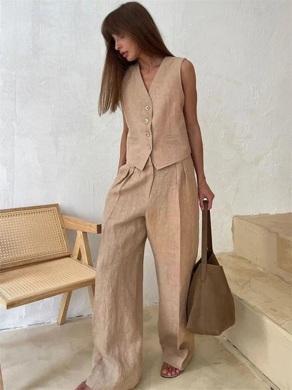 Alayna | Linen Vest & Pleated Wide-Leg Pants Two-Piece Set