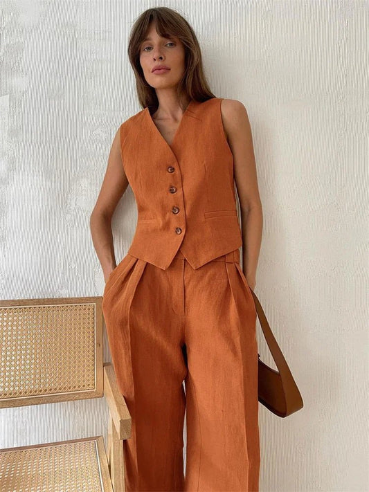 Alayna | Linen Vest & Pleated Wide-Leg Pants Two-Piece Set