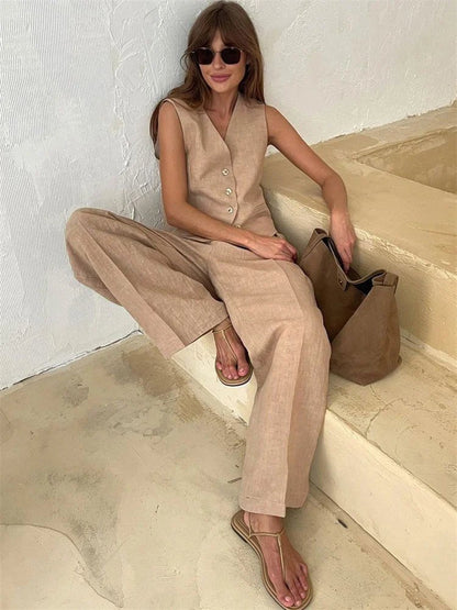 Alayna | Linen Vest & Pleated Wide-Leg Pants Two-Piece Set