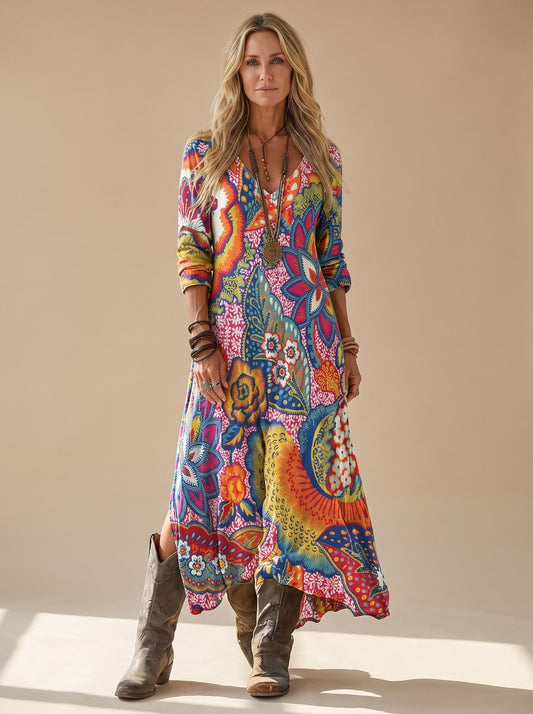 Marie | Women’s Vintage Floral V-Neck Boho Maxi Dress with 3/4 Sleeves