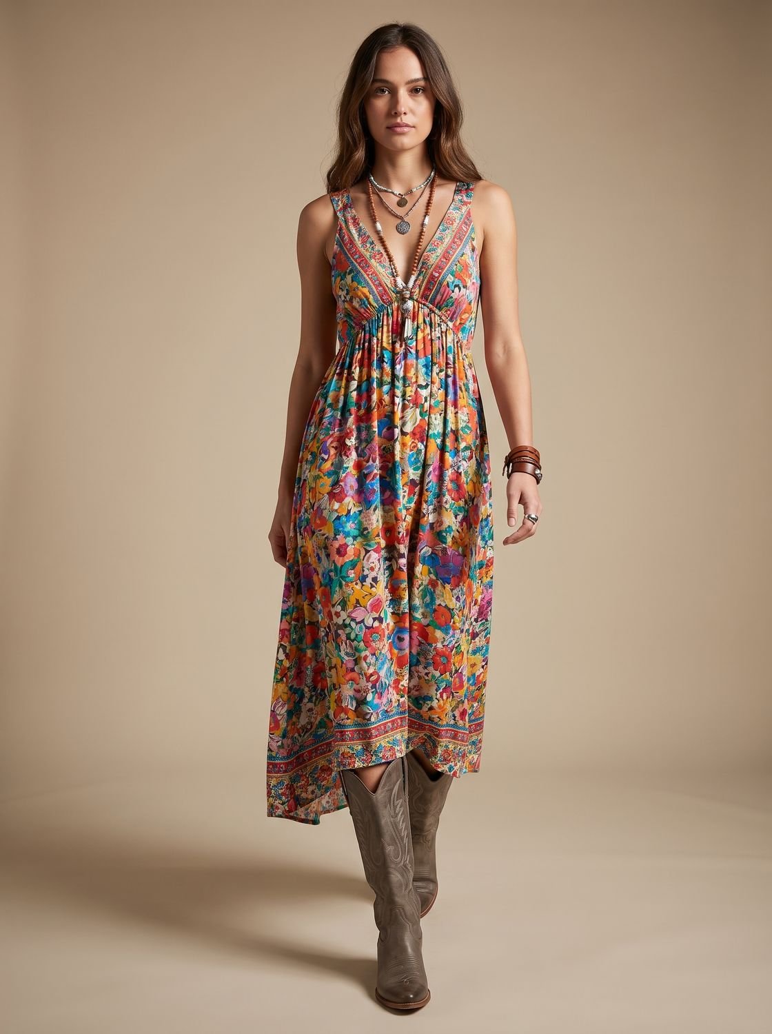 Marie | Women’s Vintage Floral V-Neck Boho Maxi Dress with 3/4 Sleeves