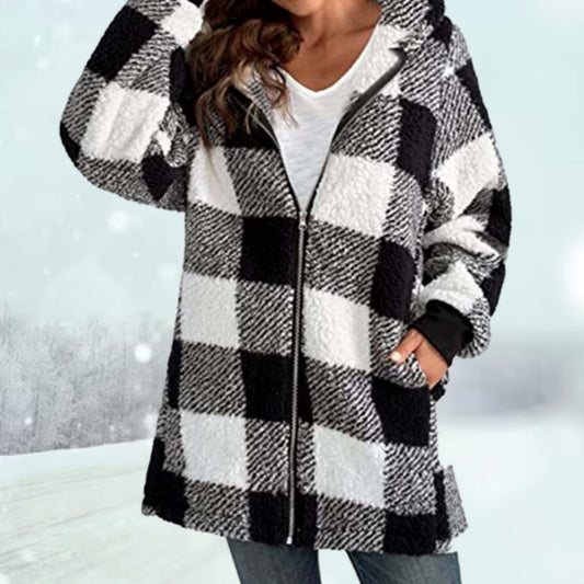 Greta | Women’s Checked Fleece Hooded Zip Coat
