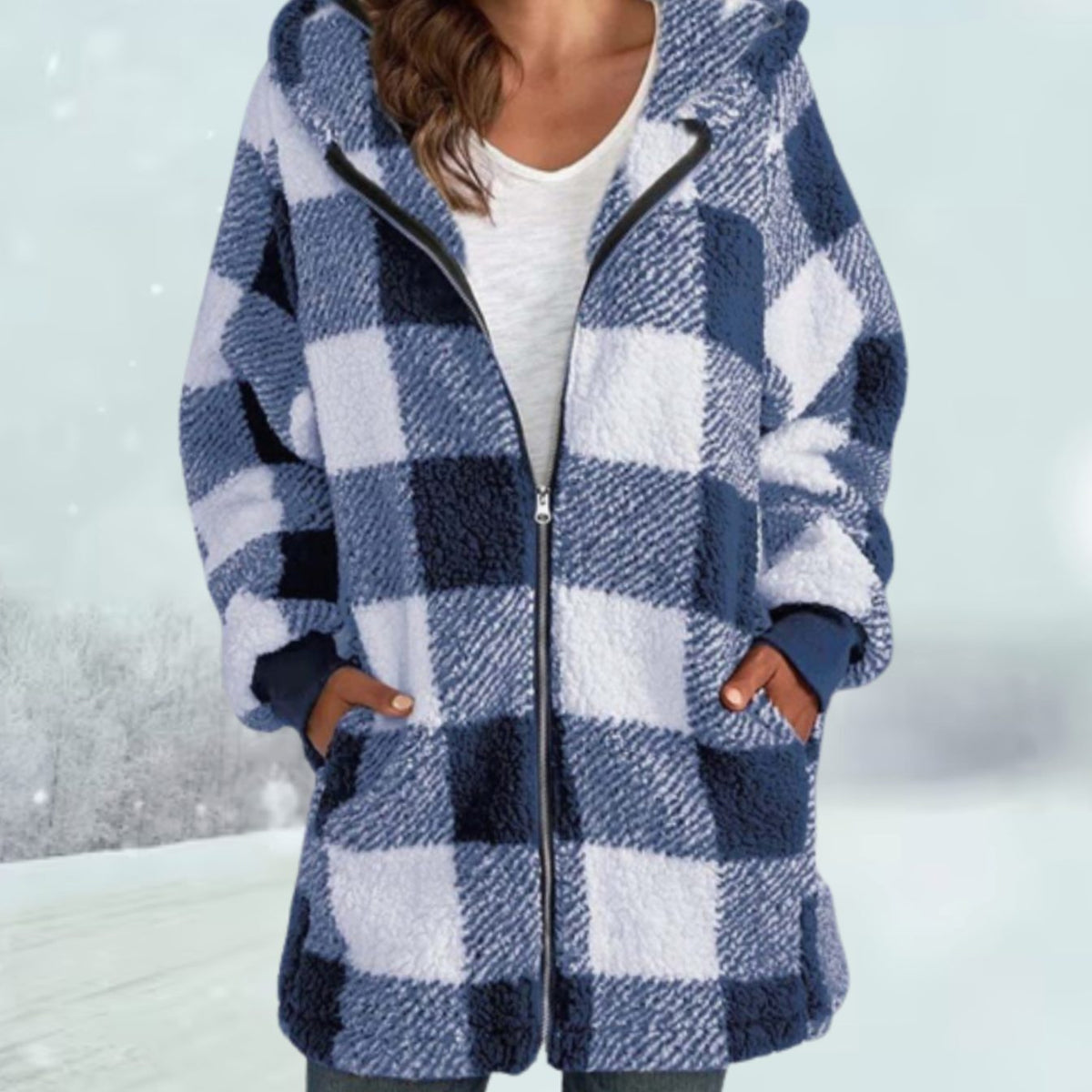 Greta | Women’s Checked Fleece Hooded Zip Coat
