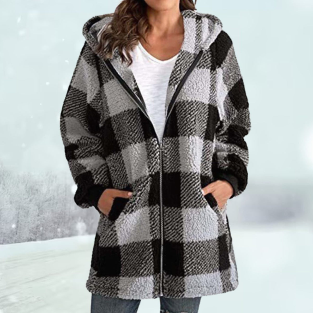 Greta | Women’s Checked Fleece Hooded Zip Coat