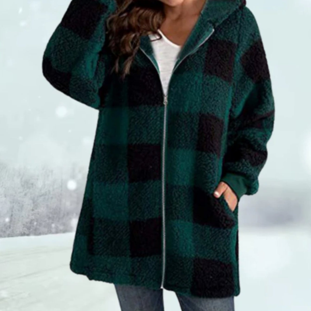 Greta | Women’s Checked Fleece Hooded Zip Coat