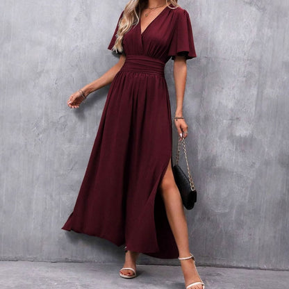 Charlotte | Women’s V-Neck Maxi Dress with Flutter Sleeves & Side Split