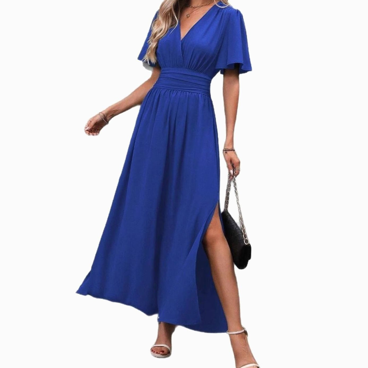 Charlotte | Women’s V-Neck Maxi Dress with Flutter Sleeves & Side Split