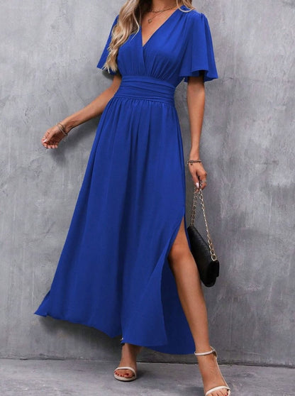 Charlotte | Women’s V-Neck Maxi Dress with Flutter Sleeves & Side Split