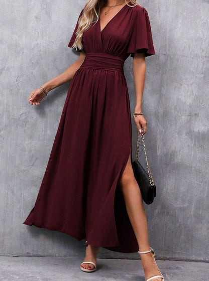 Charlotte | Women’s V-Neck Maxi Dress with Flutter Sleeves & Side Split