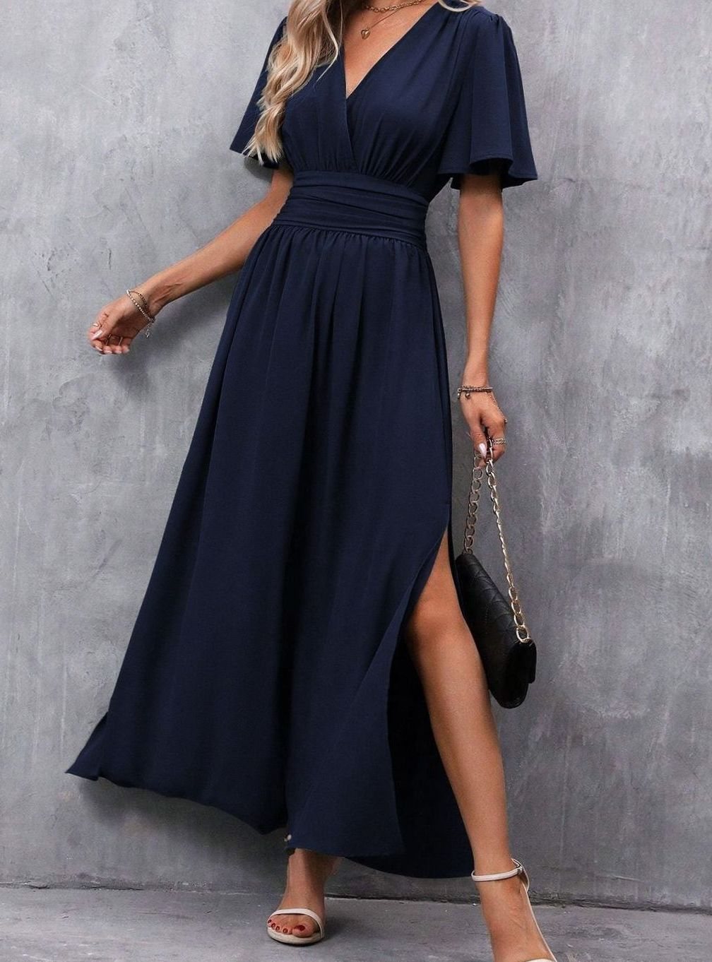 Charlotte | Women’s V-Neck Maxi Dress with Flutter Sleeves & Side Split