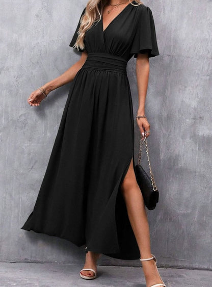 Charlotte | Women’s V-Neck Maxi Dress with Flutter Sleeves & Side Split