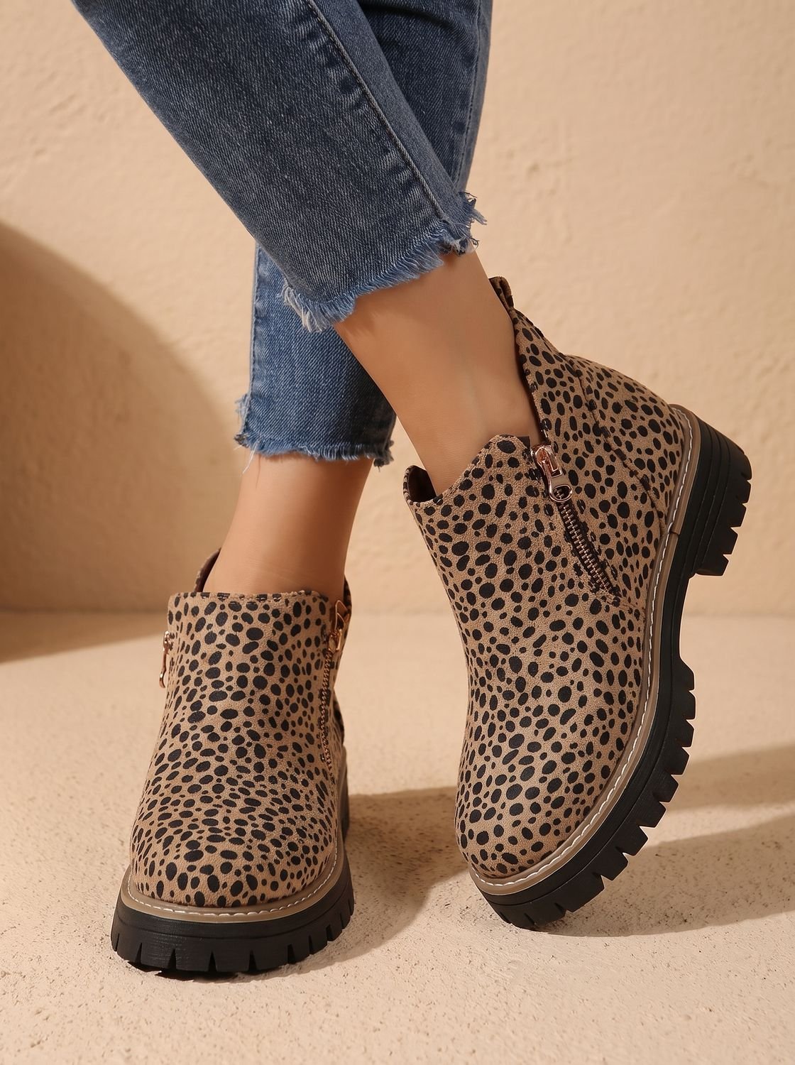 Frieda | Women’s Leopard Print Supportive Ankle Boots with Side Zip