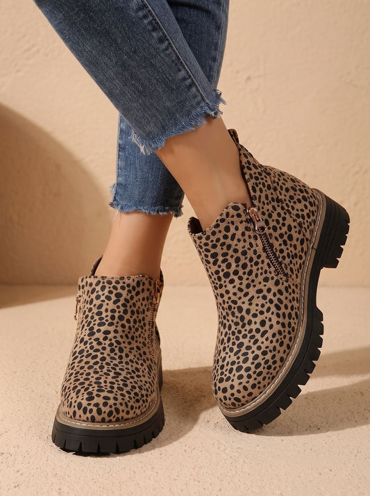 Frieda | Women’s Leopard Print Supportive Ankle Boots with Side Zip