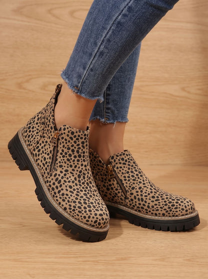 Frieda | Women’s Leopard Print Supportive Ankle Boots with Side Zip