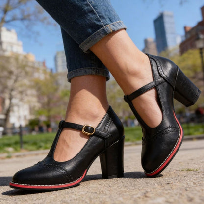 Greta | Women’s Retro Brogue T-Bar Pumps with Block Heel & Gold Buckle