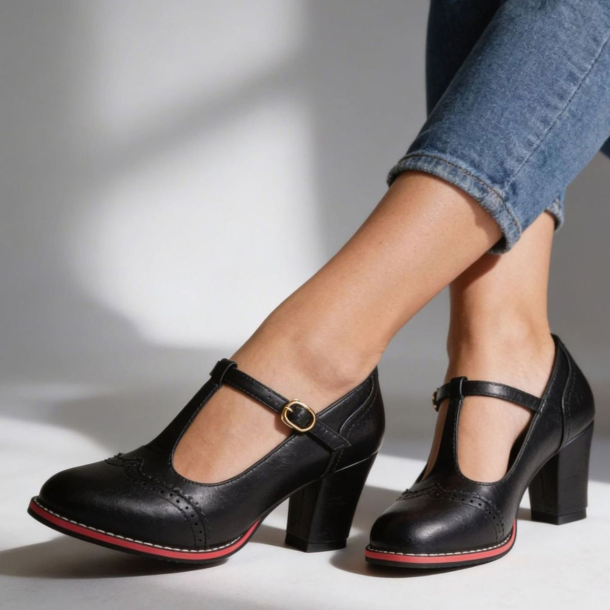 Greta | Women’s Retro Brogue T-Bar Pumps with Block Heel & Gold Buckle