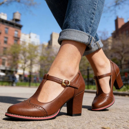 Greta | Women’s Retro Brogue T-Bar Pumps with Block Heel & Gold Buckle