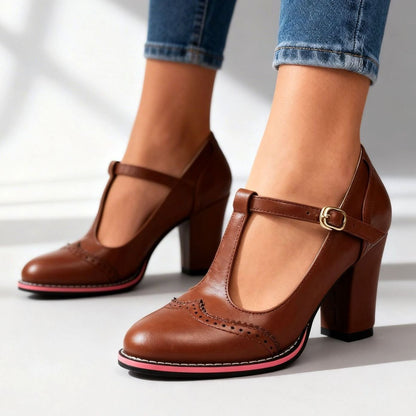 Greta | Women’s Retro Brogue T-Bar Pumps with Block Heel & Gold Buckle