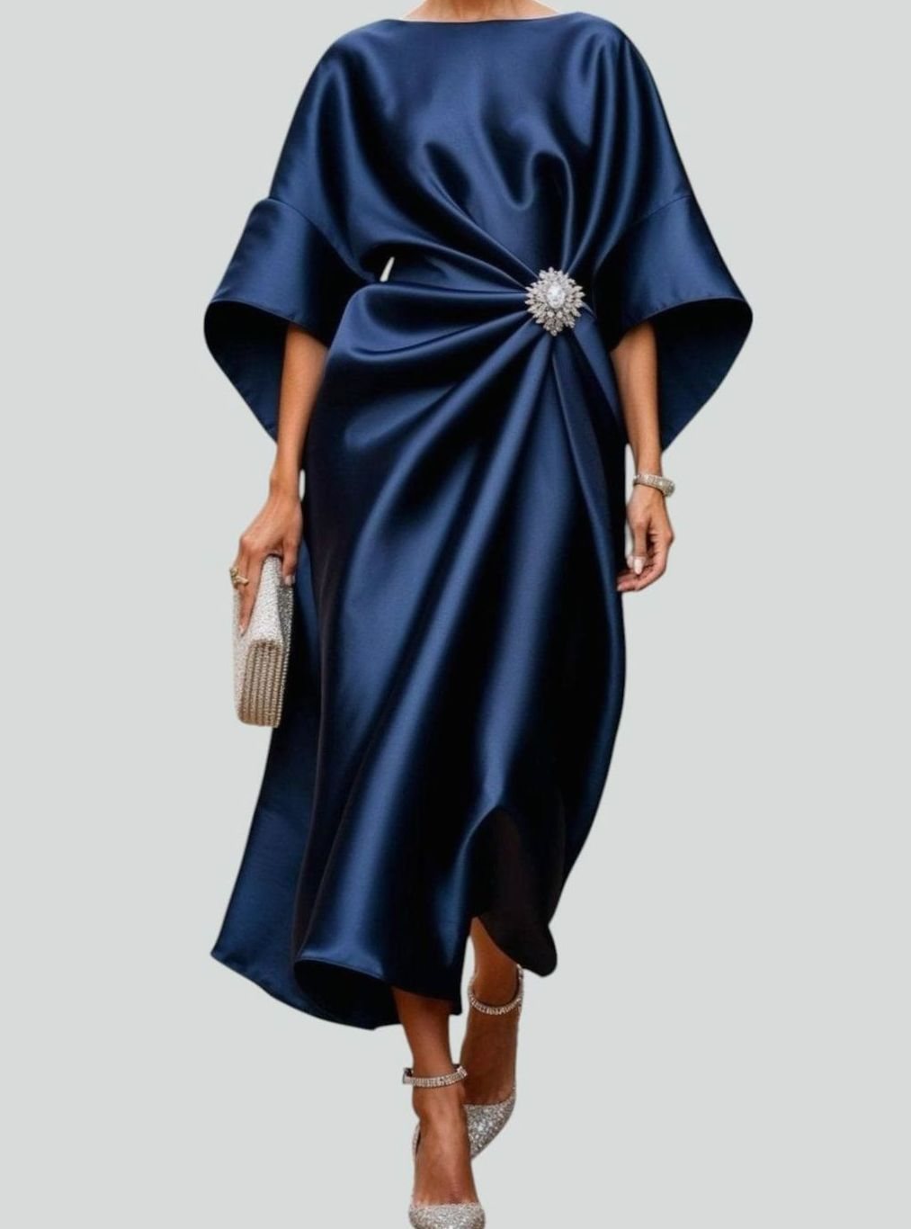 Nora | Women’s Draped Satin Midi Evening Dress with Batwing Sleeves
