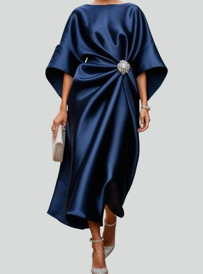 Nora | Women’s Draped Satin Midi Evening Dress with Batwing Sleeves