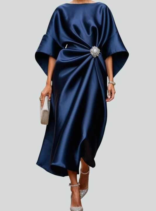 Nora | Women’s Draped Satin Midi Evening Dress with Batwing Sleeves