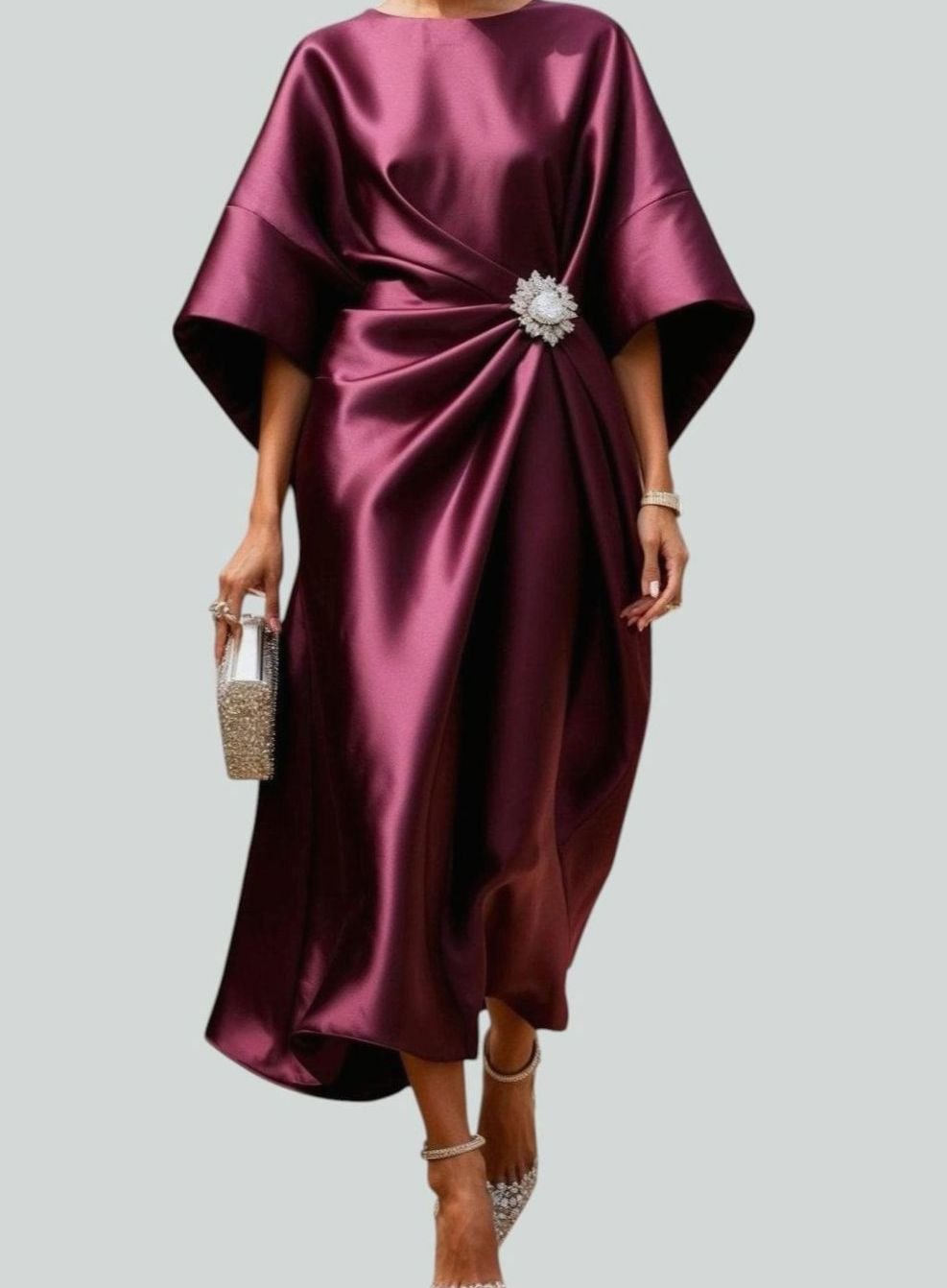 Nora | Women’s Draped Satin Midi Evening Dress with Batwing Sleeves