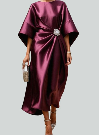 Nora | Women’s Draped Satin Midi Evening Dress with Batwing Sleeves