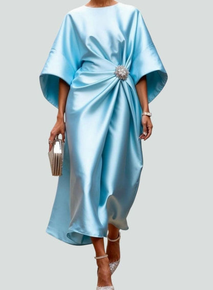 Nora | Women’s Draped Satin Midi Evening Dress with Batwing Sleeves