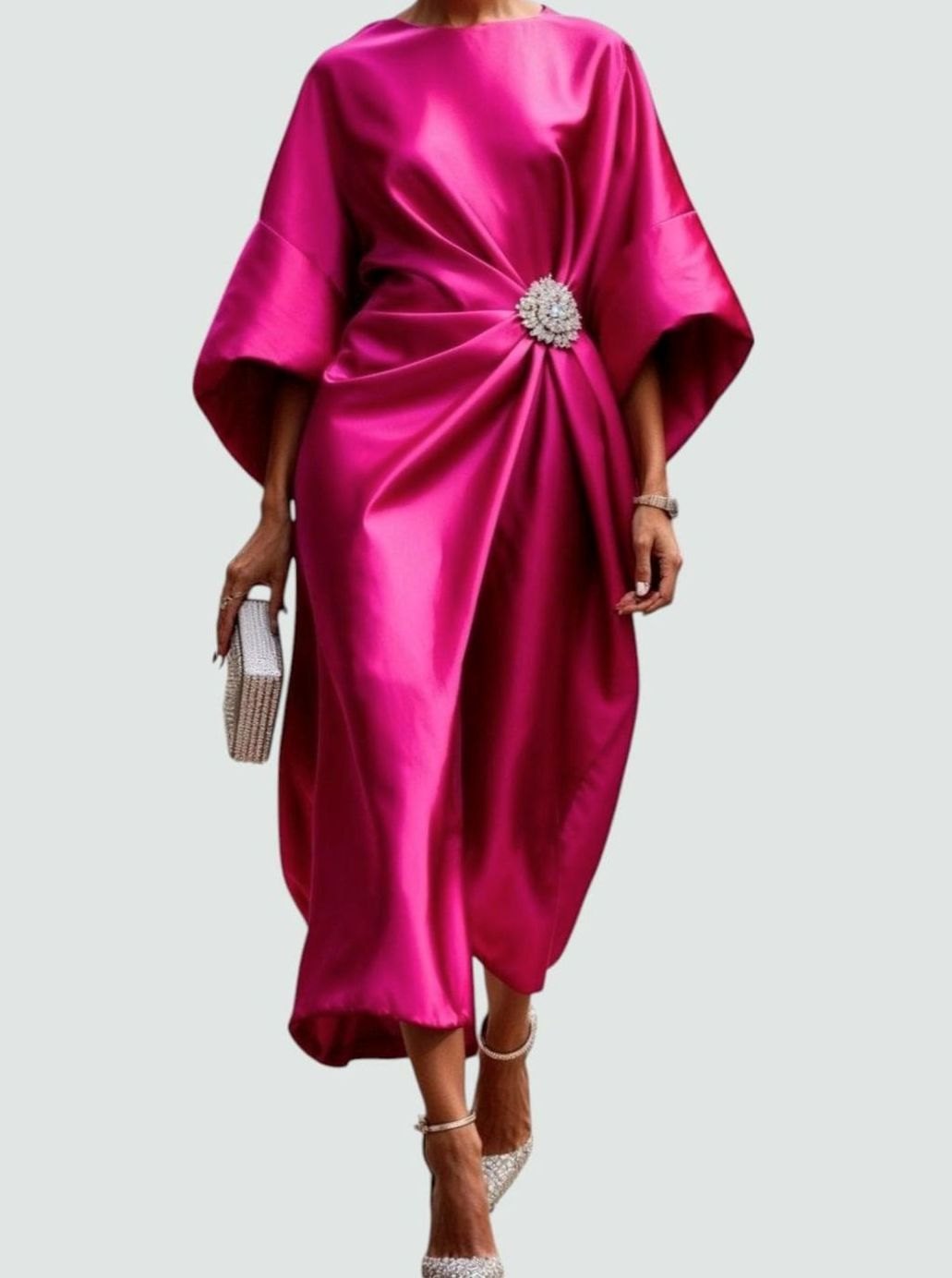 Nora | Women’s Draped Satin Midi Evening Dress with Batwing Sleeves