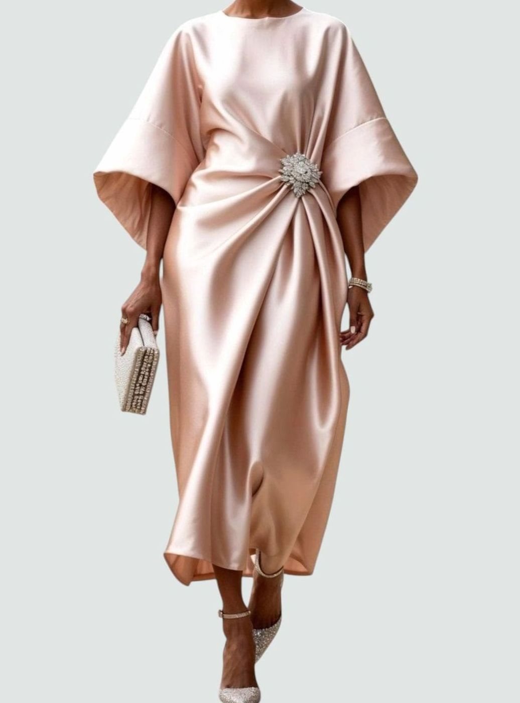 Nora | Women’s Draped Satin Midi Evening Dress with Batwing Sleeves