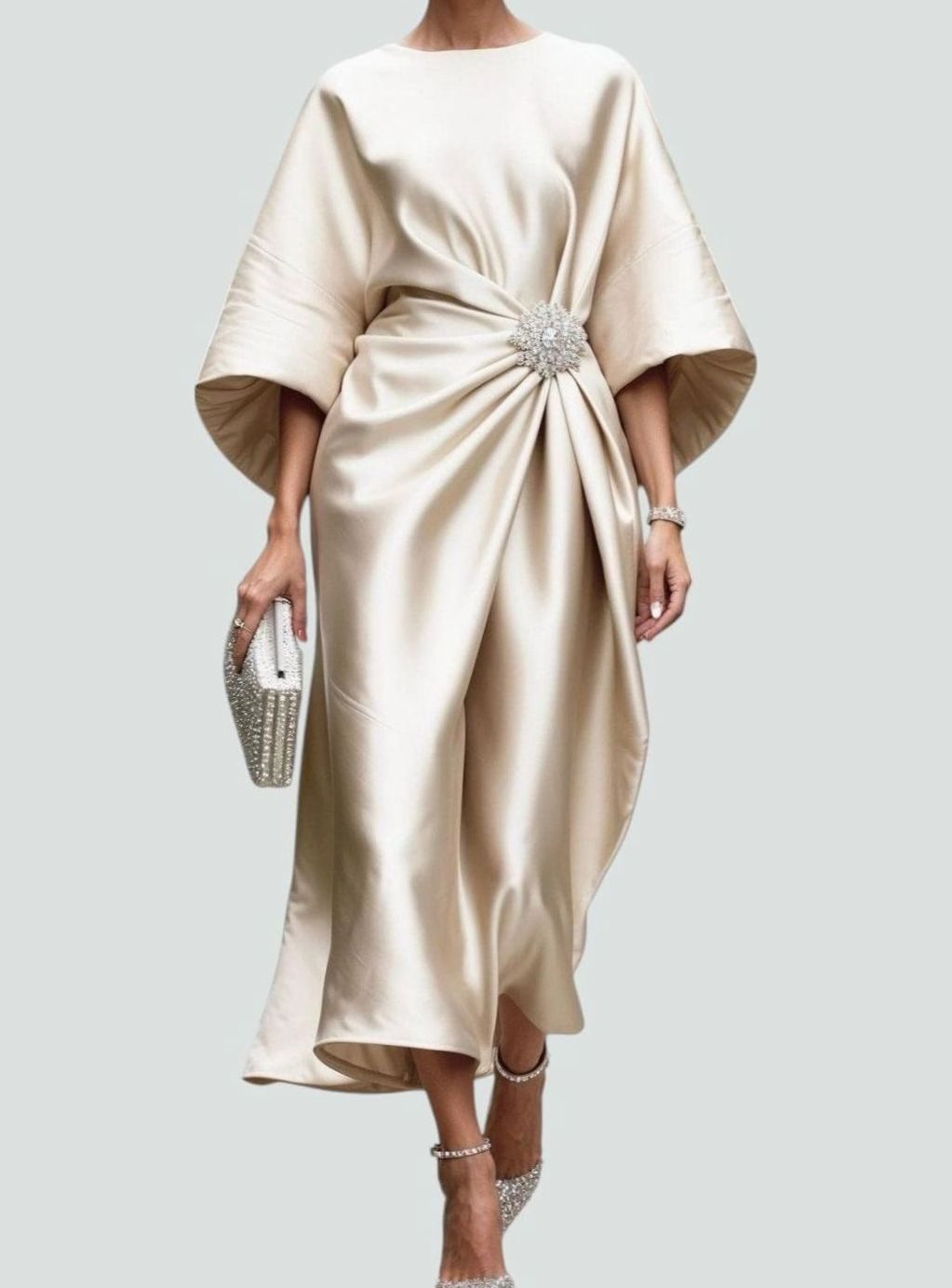 Nora | Women’s Draped Satin Midi Evening Dress with Batwing Sleeves