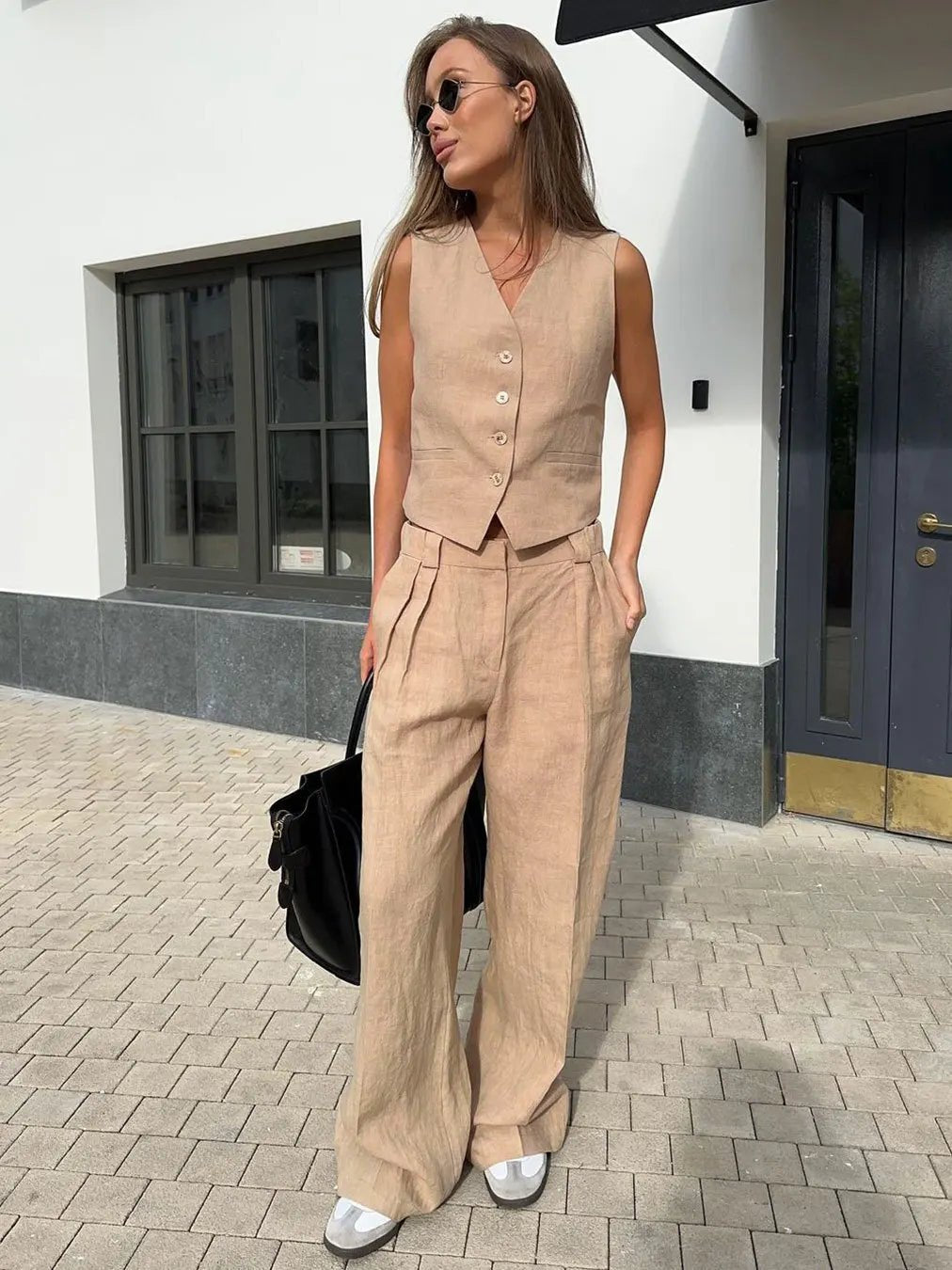 Alayna | Linen Vest & Pleated Wide-Leg Pants Two-Piece Set