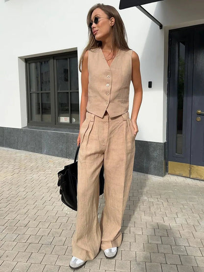 Alayna | Linen Vest & Pleated Wide-Leg Pants Two-Piece Set