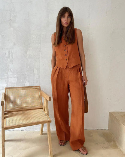 Alayna | Linen Vest & Pleated Wide-Leg Pants Two-Piece Set