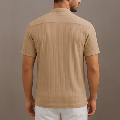 Men's Panelled Short-Sleeve Linen Shirt – Stripes with Korean Collar